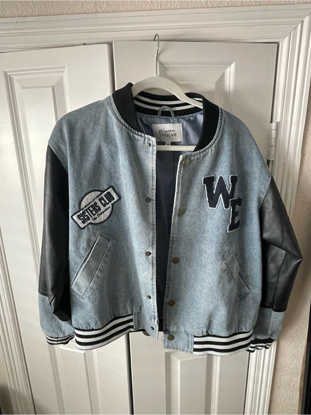 Woman EVOLVE Light Blue and Black Varsity Bomber Jacket